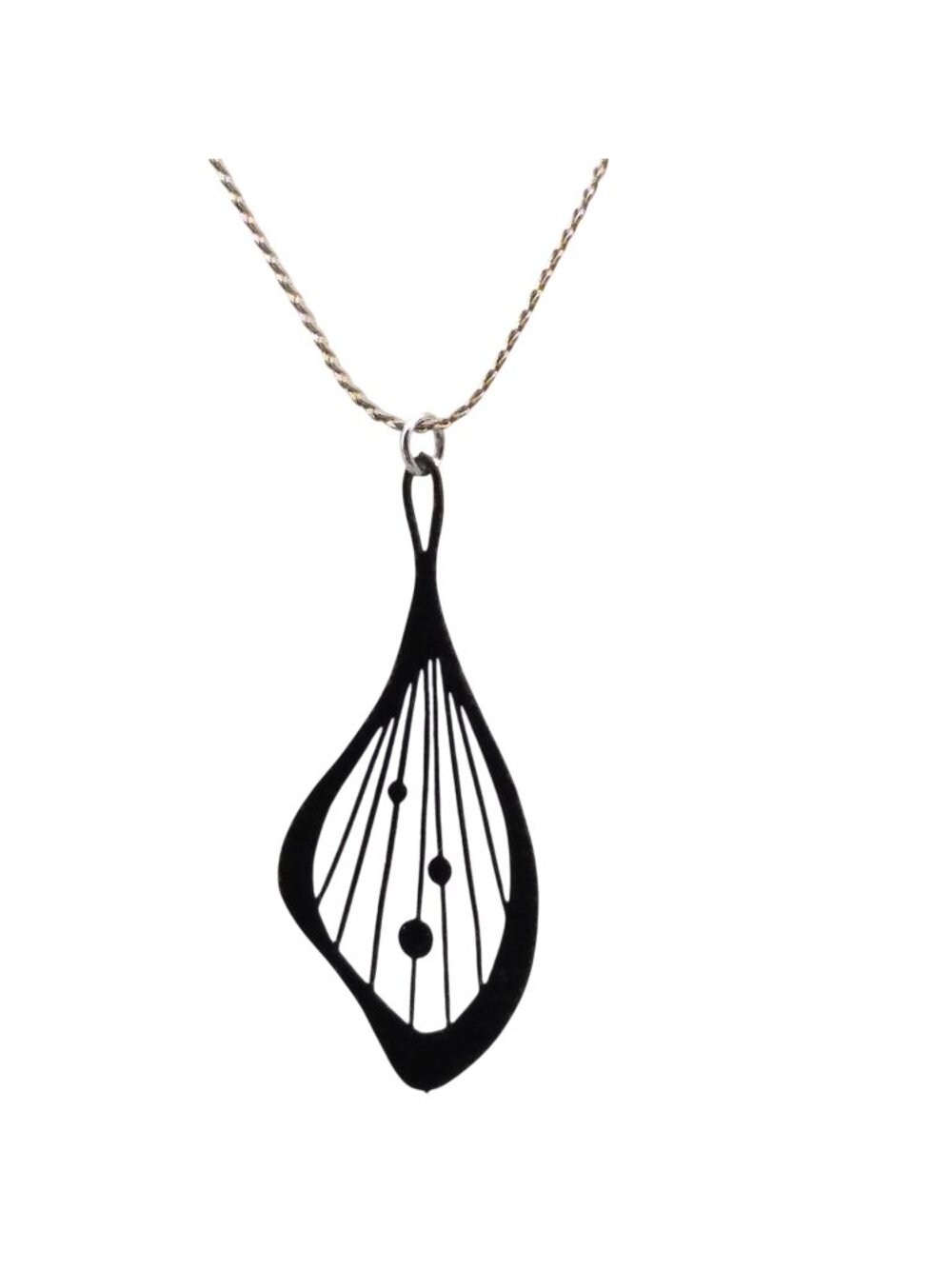 Black Butterfly Wing Pendant on Silver Tone Chain Necklace, Delicate Enamel